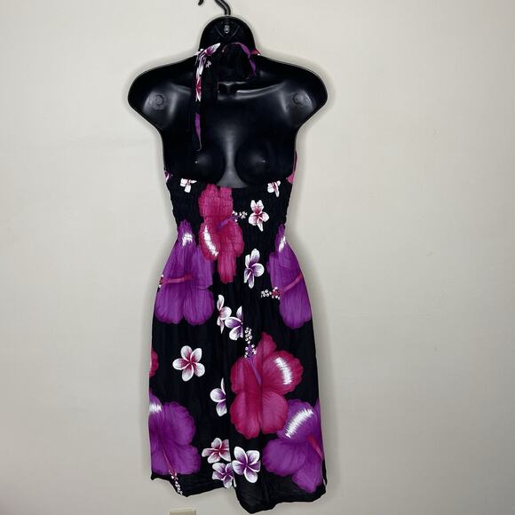 Vtg Black Pink Hibiscus Flower Halter Dress Hawaiian Y2K Babydoll Fairy Sz M‎ - Picture 6 of 10